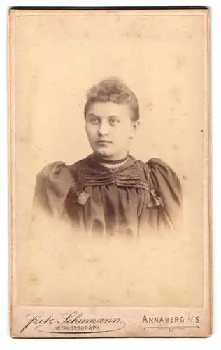 Fotografie Fritz Schumann, Annaberg i. S., Johannesgasse, Bürgerliche Frau im Puffärmelkleid
