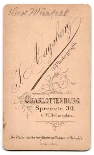 Fotografie J. Augsburg, Berlin-Charlottenburg, Spreestrasse 34, Portrait junger Herr im Anzug mit Fliege