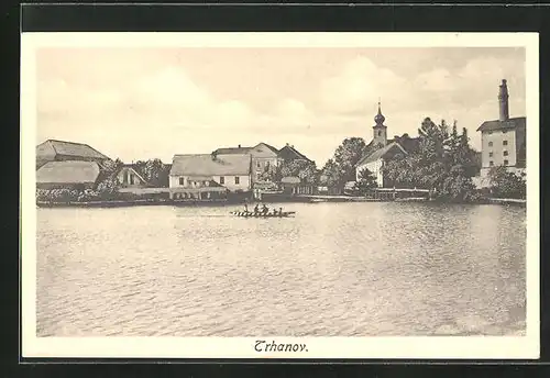 AK Trhanov, Blick übers Wasser auf Kirche