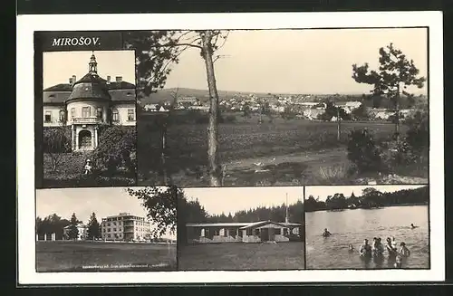 AK Mirosov, Panorama, Portal einer Villa, Holzhütte
