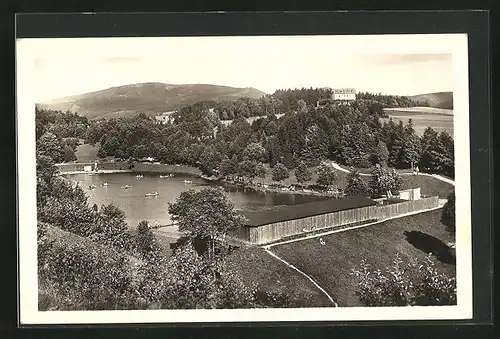 AK Bad Liebwerda / Lazne Libverda, Schwimmbad aus der Vogelschau