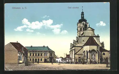 AK Chlumec n. C., Cást námesti, Marktplatz mit Kirche