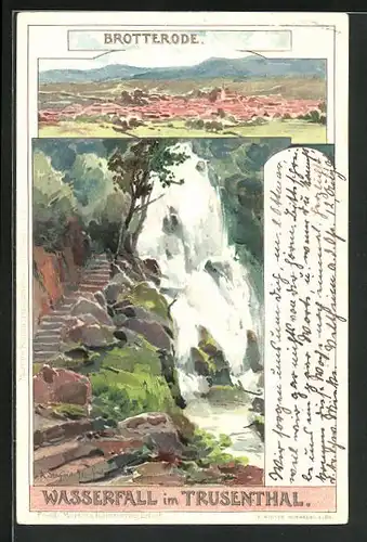 Künstler-AK Albert Stagura: Brotterode, Ortsansicht, Wasserfall im Trusenthal