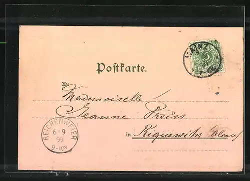 Mondschein-Lithographie Mainz, Rheindampfer am Anleger, Panorama der Stadt