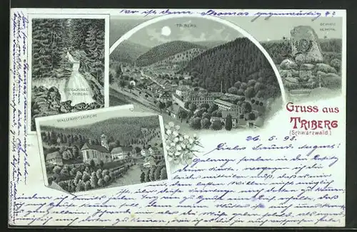 Mondschein-Lithographie Triberg /Schwarzwald, Wasserfall, Wallfahrtskirche, Gerwig-Denkmal