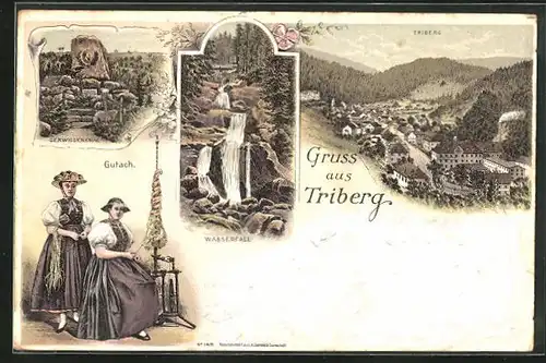 Lithographie Triberg, Gerwigdenkmal, Wasserfall, Gutacherinnen am Spinnrad