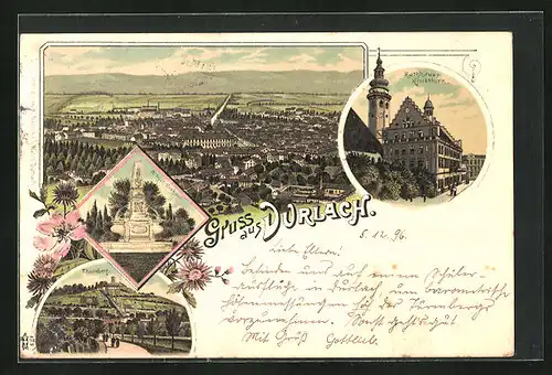 Lithographie Durlach, Rathaus und Kirchturm, Hengst-Denkmal, Turmberg