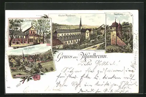 Lithographie Maulbronn, Kloster Maulbronn, Faustturm, Totalansicht