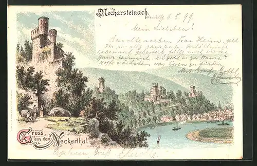 Lithographie Neckarsteinach, Uferpartie im Neckarthal