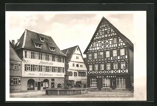 AK Dornstetten /Württbg. Schwarzw., Geschäft von Emil Hegel mit Apotheke und Brunnen