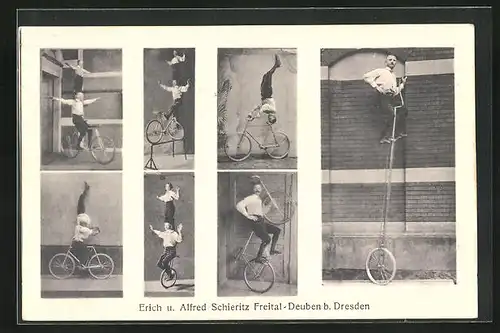 AK Freital-Deuben b. Dresden, Erich u. Alfred Schiritz, Fahrrad- und Einradakrobatik, Mehrfachansicht