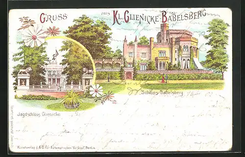 Lithographie Kl. Glienicke-Babelsberg, Schloss Babelsberg, Jagdschloss Glienicke