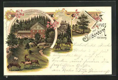 Lithographie Harzburg, Hôtel zum Silberborn mit Pferden, Elfenstein, Eiche