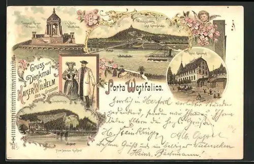 Lithographie Porta Westfalica, Hotel Kaiserhof, Denkmal Kaiser Wilhelm I., Wittekindsberg und Kettenbrücke