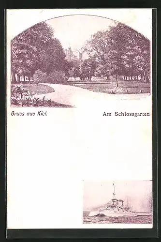 AK Kiel, Partie im Schlossgarten, Kriegsschiff