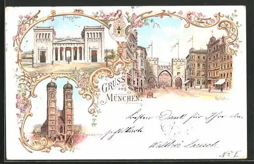 Lithographie München, Karlstor, Propyläen, Frauenkirche