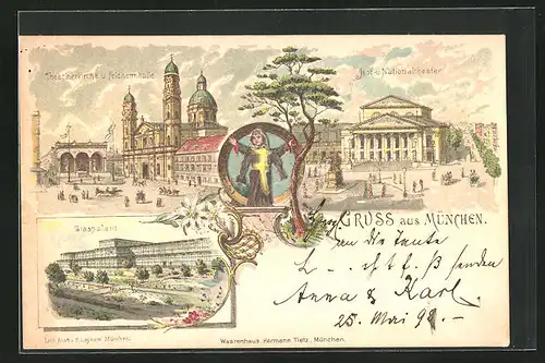 Lithographie München, Theatinerkirche und Feldherrnhalle, Glaspalast, Hof- und Nationaltheater