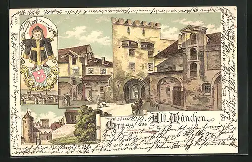 Lithographie München, Schuldturm, Burg, Münchner Kindl