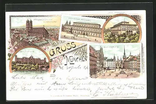 Lithographie München, Königliche Residenz, Maximilianeum, Marienplatz