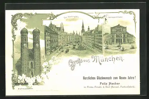 Lithographie München, Dei Frauenkirche, Der Marienplatz, Gärtnerplatztheater, Neujahrsgruss