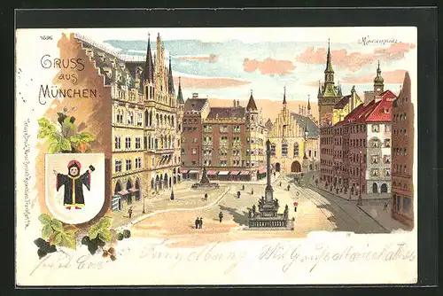 Lithographie München, Marienplatz mit Denkmal, Wappen