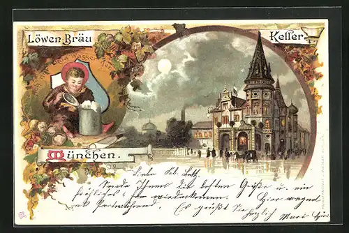 Lithographie München, Münchner Hofbräuhaus Löwen-Bräu Keller bei Mondschein, Münchner Kindl mit Bierkrug