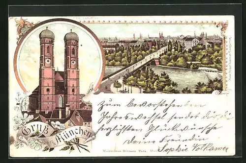 Lithographie München, Teilansicht mit Brücke, Frauenkirche