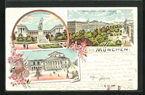 Lithographie München, Ruhmeshalle & Bavaria, Hof- & Nationaltheater, Regierungsgebäude & Maximilianeum