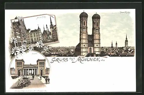 Lithographie München, Frauen-Kirche, Marien-Platz, Propyläen