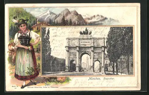 Passepartout-Lithographie München, Siegestor, Frau in Tracht