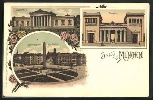 Lithographie München, Glyptothek, Propyläen, Karolinenplatz mit Obelisk