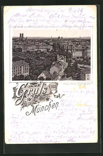 Lithographie München, Blick über die Dächer der Stadt