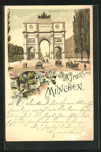 Lithographie München, Strassenpartie am Siegesthor