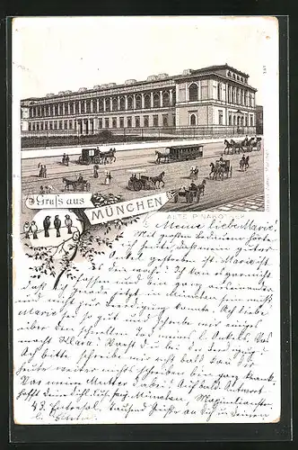 Lithographie München, Alte Pinakothek, Pferdebahn und Kutschen