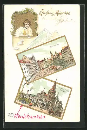 Lithographie München, Gasthaus Löwenbräu Keller, Ansicht vom Marienplatz