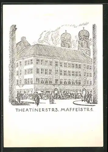 Künstler-AK München, Geschäftshaus Theatinerstrasse 3 Maffeistrasse 1