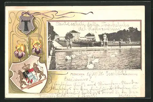 Passepartout-Lithographie München-Nymphenburg, Park von Schloss Nymphenburg, Wappen