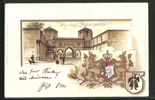 Passepartout-Lithographie München, Sendlingerthor, Wappen und Münchner Kindl