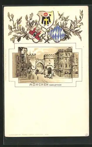 Passepartout-Lithographie München, Karlsthor, Wappen mit Lorbeer und Eichenlaub