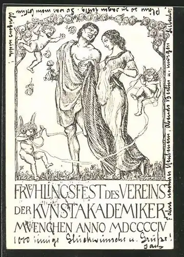 Künstler-AK München, Frühlingsfest des Vereins der Kunstakademiker 1904, Liebespaar von Putten umschwirrt