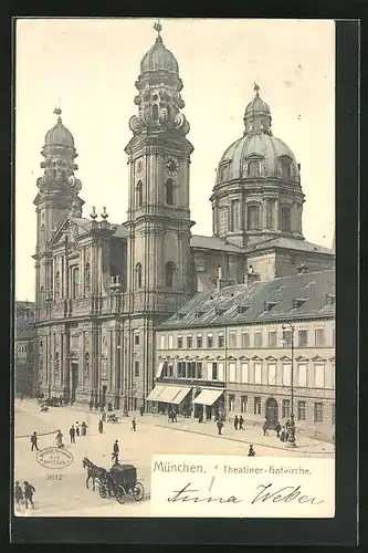 AK München, Theatiner-Hofkirche mit Pferdewagen