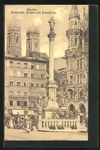 AK München, Rathaus mit Geschäft und Frauenkirche, Mariensäule