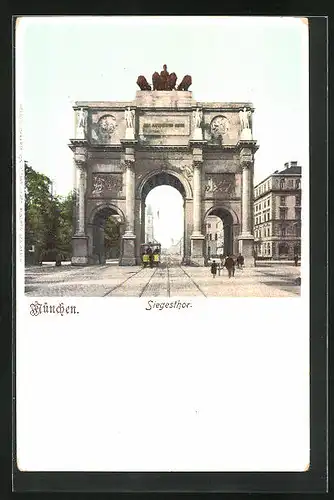 AK München, Siegestor mit Pferdebahn