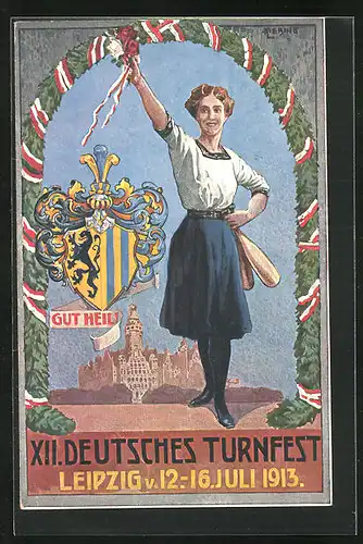 Künstler-AK Leipzig, XII. Deutsches Turnfest 1913, Turnerin mit Keulen & Wappen