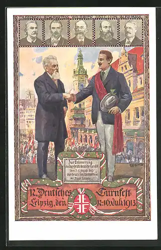 Künstler-AK Leipzig, 12. Deutsches Turnfest 1913, Zwei Herren geben sich die Hand