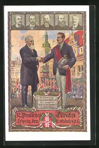 Künstler-AK Leipzig, 12. Deutsches Turnfest 1913, Zwei Herren geben sich die Hand