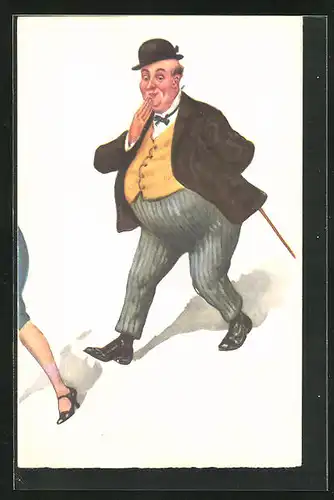 AK Dicker Herr läuft einer Dame hinterher, Erotik