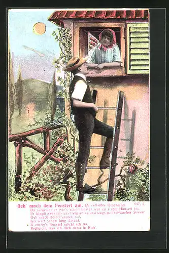AK Knecht steigt mit der Leiter zur Magd hinauf, Fensterln