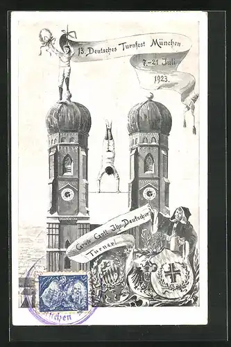 AK München, 13. Deutsches Turnfest 1923, Frauenkirche, Münchner Kindl