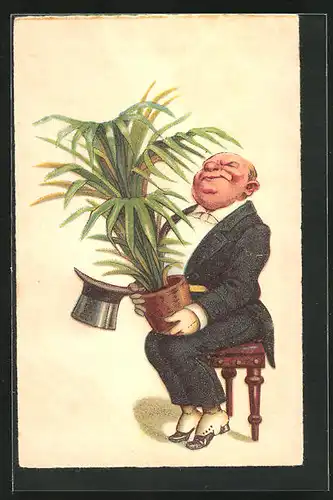 Künstler-AK Mann im Frack mit Topfpflanze, Scherz